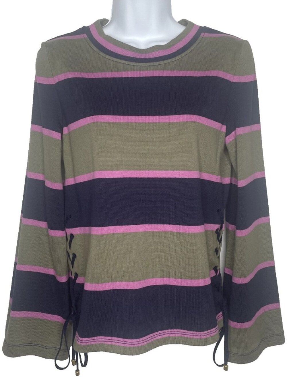 Tory Burch Striped Knit Top Size S Navy Blue Green Pink Bell Sleeves Lace Up